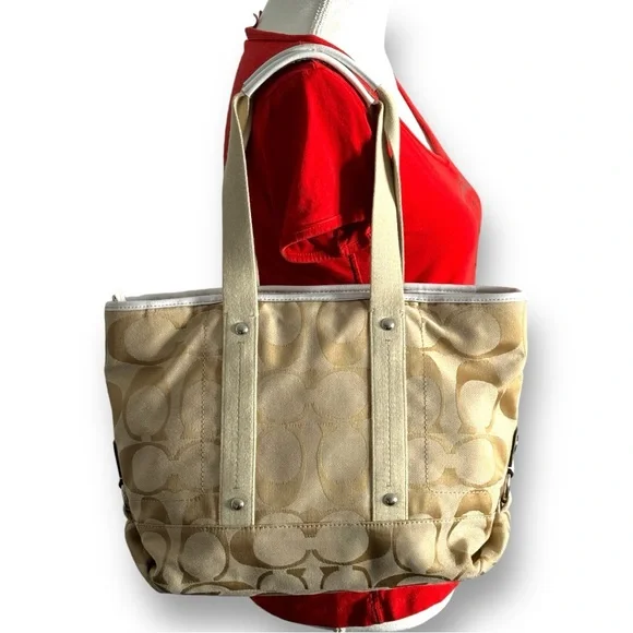 Coach Beige Signature Canvas Tote with Cream Trim - Picture 2 of 10